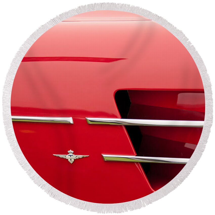 1958 Pegaso Z-103 Touring Berlinetta Side Emblem Round Beach Towel featuring the photograph 1958 Pegaso Z-103 Touring Berlinetta Side Emblem -1195c by Jill Reger