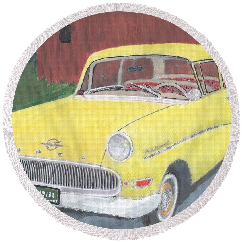 Car Round Beach Towel featuring the painting 1960 Opel Rekord by Cliff Wilson