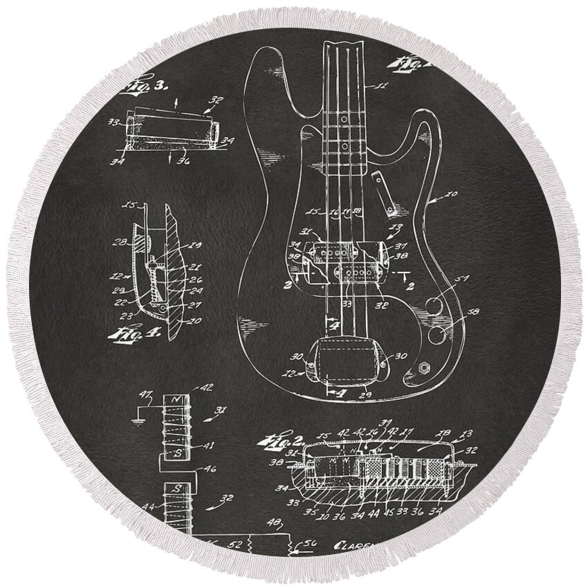 Guitar Round Beach Towel featuring the digital art 1961 Fender Guitar Patent Artwork - Gray by Nikki Marie Smith