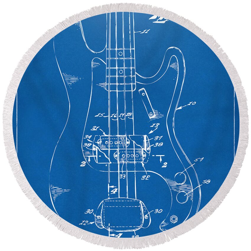 Guitar Round Beach Towel featuring the digital art 1961 Fender Guitar Patent Minimal - Blueprint by Nikki Marie Smith