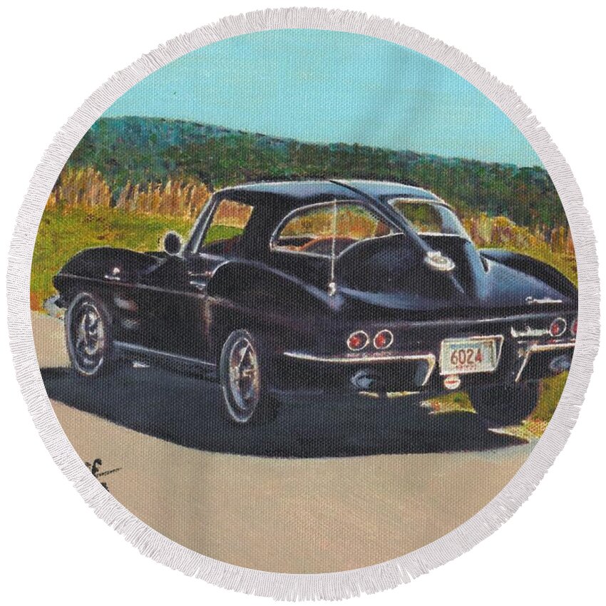 Corvette Round Beach Towel featuring the painting 1963 Corvette on the Mountain by Cliff Wilson