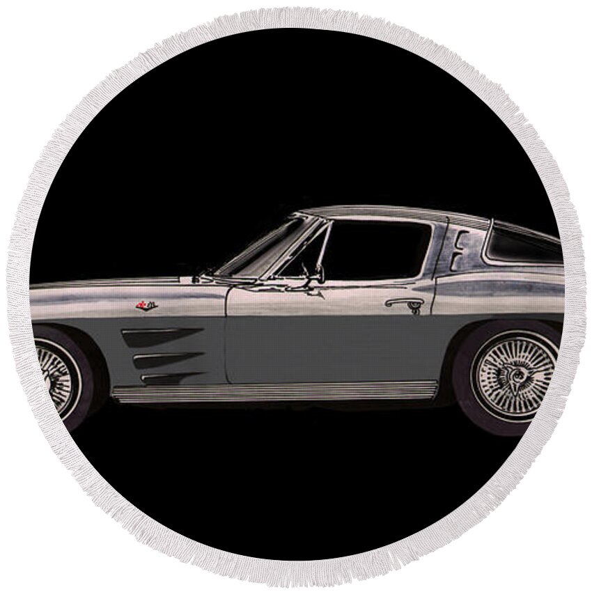 An Ink & Watercolor Painting Of The Profile View Of The 1963 Chevrolet Corvette Split-window Coupe By Jack Pumphrey Round Beach Towel featuring the painting 1963 Corvette Split Rear Window by Jack Pumphrey