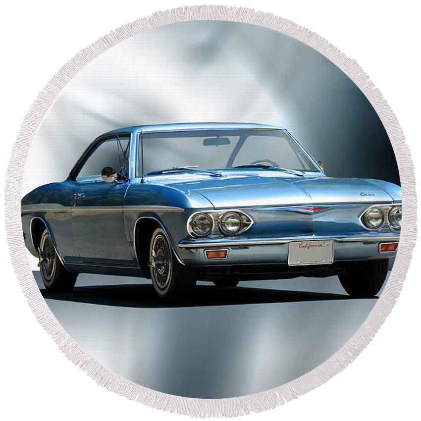 Auto Round Beach Towel featuring the photograph 1965 Chevrolet Corvair I by Dave Koontz