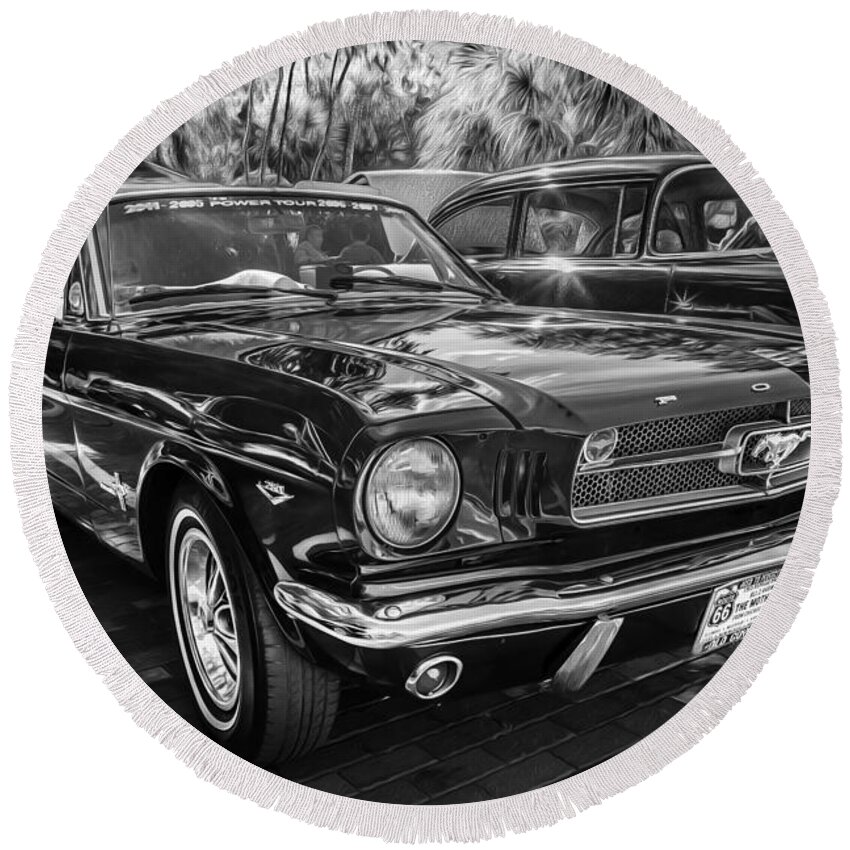 1966 Ford Mustang Round Beach Towel featuring the photograph 1966 Ford Mustang Convertible Painted BW  by Rich Franco