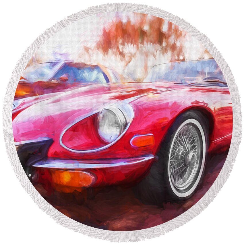 1975 Jaguar Xke Round Beach Towel featuring the photograph 1975 Jaguar XKE V12 Convertible Painted by Rich Franco