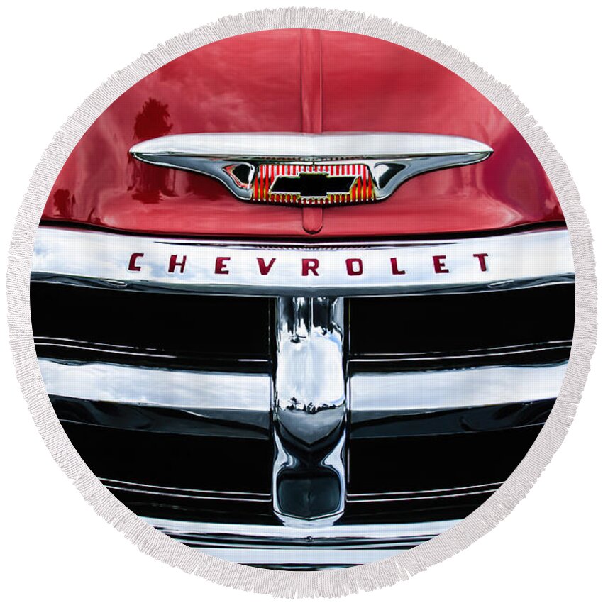 1955 Chevrolet 3100 Pickup Truck Grille Emblem Round Beach Towel featuring the photograph 1955 Chevrolet 3100 Pickup Truck Grille Emblem #2 by Jill Reger