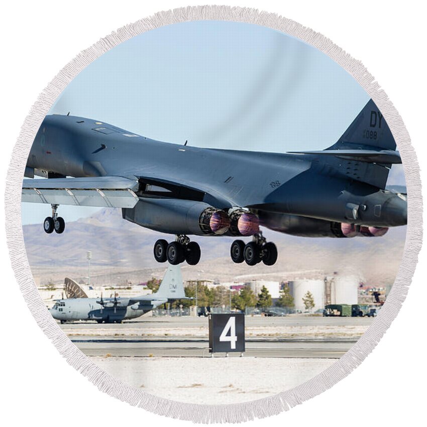 B-1 Lancer Round Beach Towel featuring the photograph A B-1b Lancer Of The U.s. Air Force #2 by Rob Edgcumbe