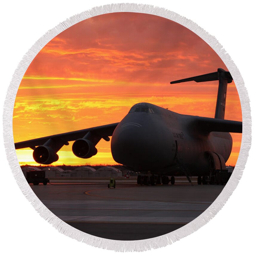 A C-5 Galaxy Sits On The Flightline Round Beach Towel featuring the photograph A C-5 Galaxy Sits On The Flightline #3 by Celestial Images