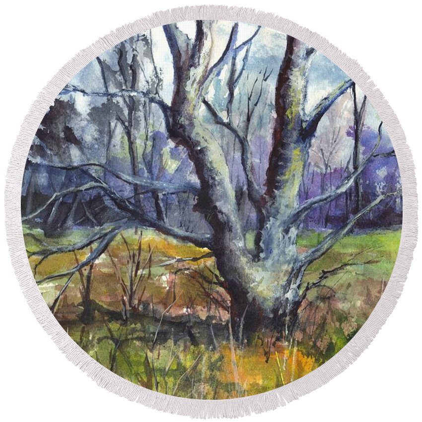 Dead Tree Round Beach Towel featuring the painting It Has Seen Its Better Days by Carol Wisniewski
