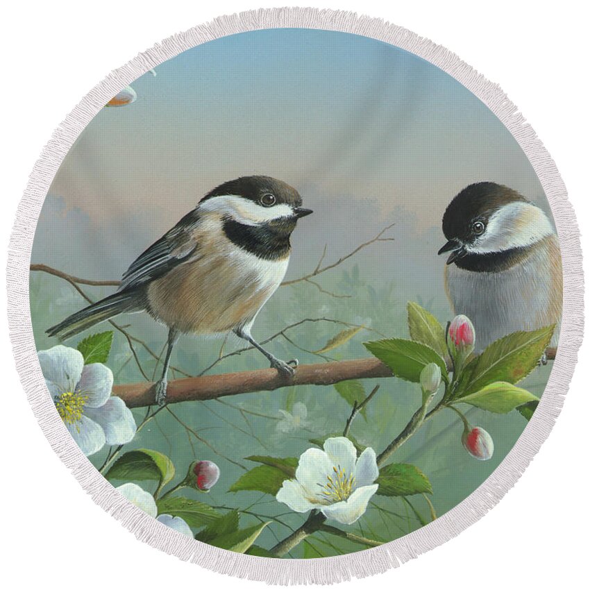 Black Capped Chickadee Painting Round Beach Towel featuring the painting A Wonderful Day by Mike Brown