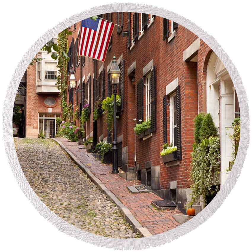 Acorn Round Beach Towel featuring the photograph Acorn Street Boston by Brian Jannsen