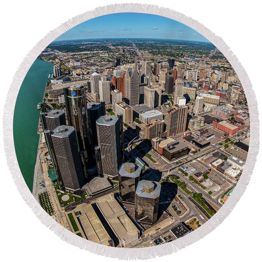 Photography Round Beach Towel featuring the photograph Aerial View Of Detroit Skyline, Wayne #2 by Panoramic Images
