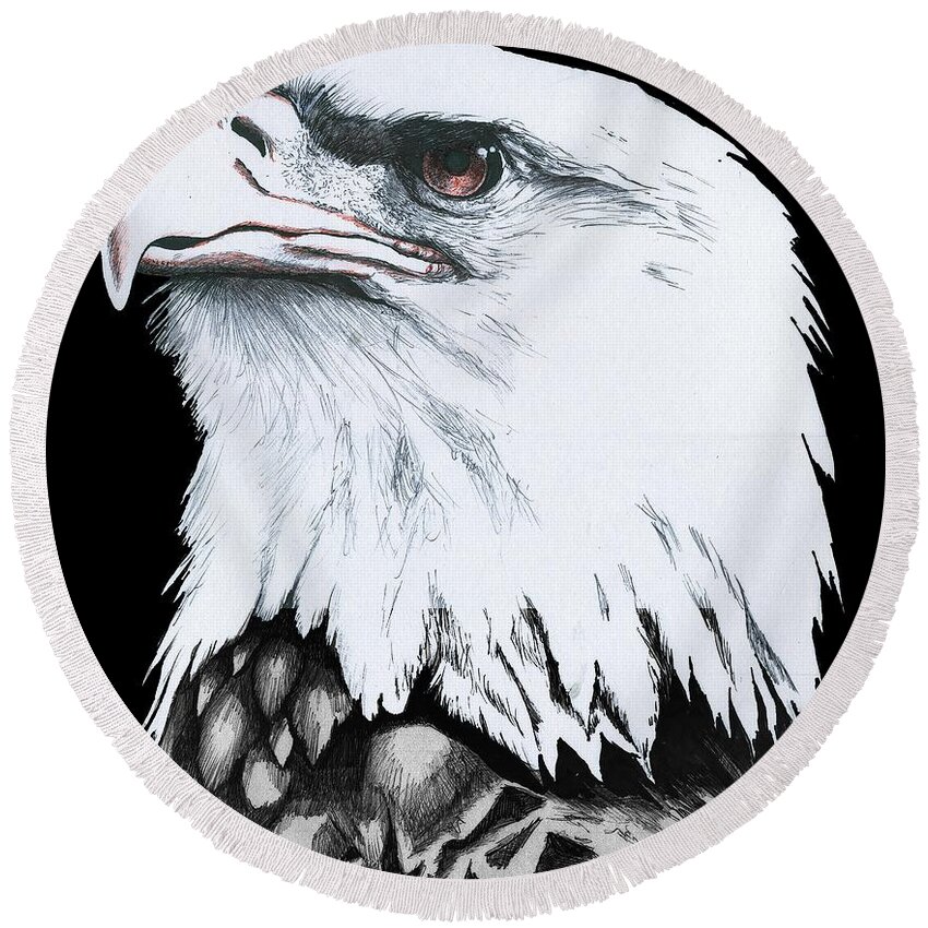 Eagle Round Beach Towel featuring the drawing American Bald Eagle #2 by Bill Richards