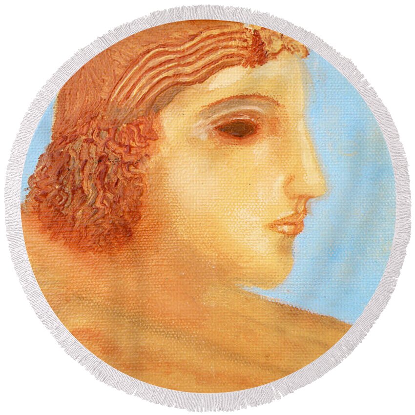 Augusta Stylianou Round Beach Towel featuring the painting Apollo Hylates #1 by Augusta Stylianou