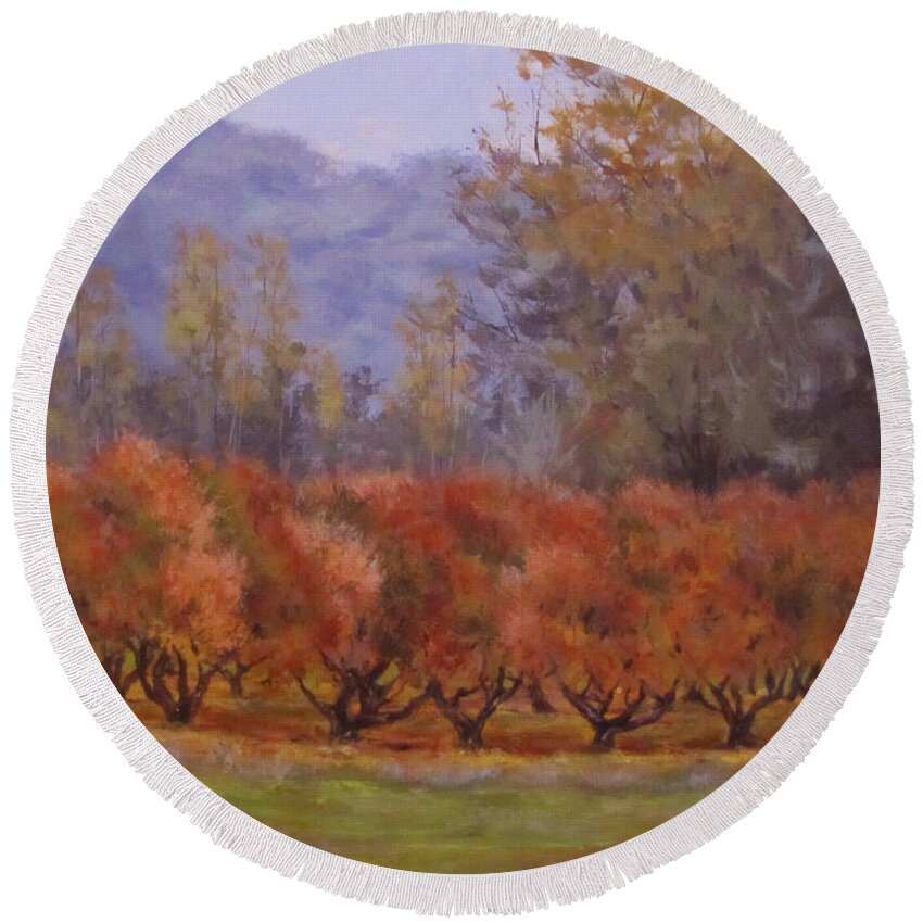 Fall Round Beach Towel featuring the painting Autumn Orchard by Karen Ilari