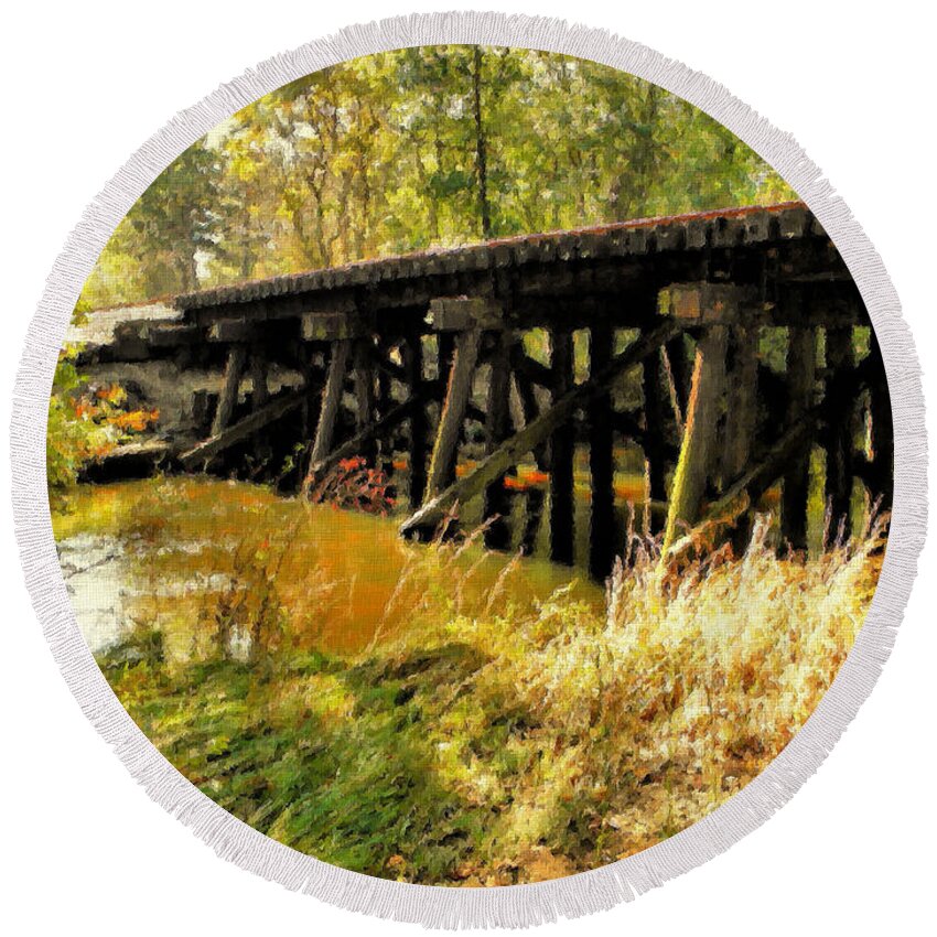 Railroad Round Beach Towel featuring the digital art Autumn Travels #2 by Sharon Woerner