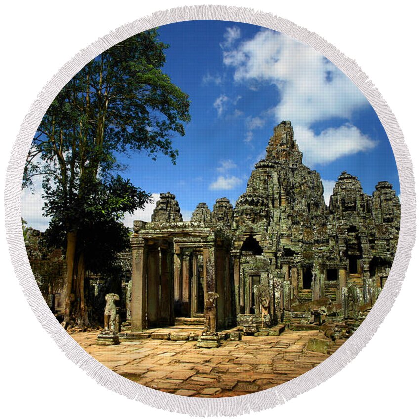 Bayon Round Beach Towel featuring the photograph Bayon Temple View from the East by Joey Agbayani