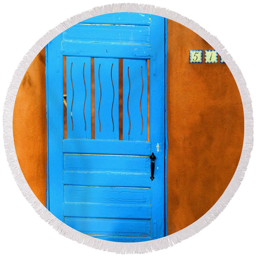 Blue Round Beach Towel featuring the photograph Blue Door in Santa Fe by Charlene Mitchell