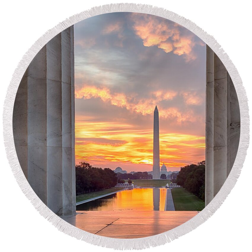 Washington Round Beach Towel featuring the photograph Brilliant sunrise over reflecting pool DC by Steven Heap