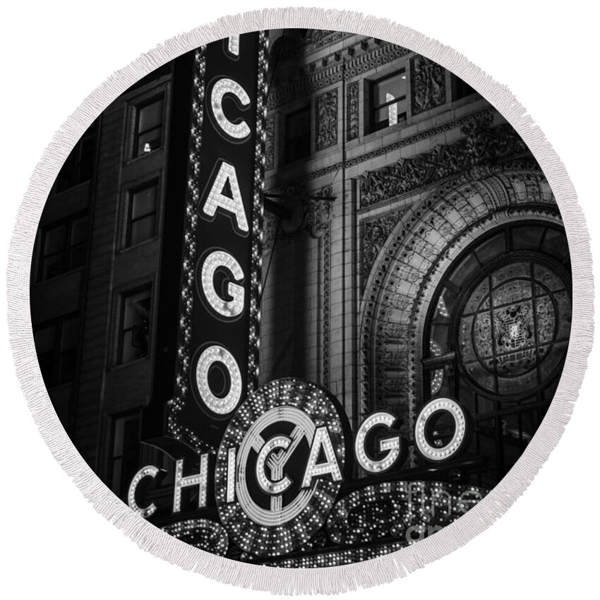 America Round Beach Towel featuring the photograph Chicago Theatre Sign in Black and White by Paul Velgos