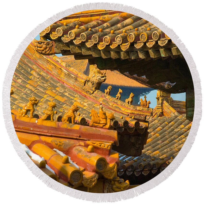 China Round Beach Towel featuring the photograph China Forbidden City Roof Decoration by Sebastian Musial