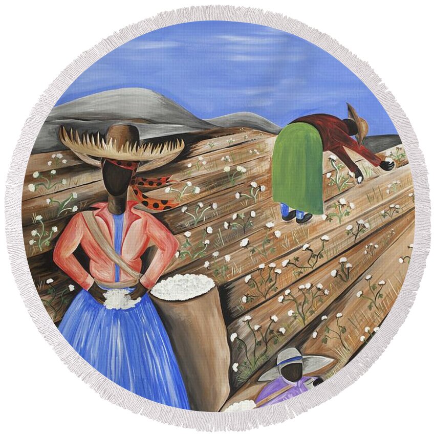 Gullah Art Round Beach Towel featuring the painting Cotton Pickin' Cotton by Patricia Sabreee