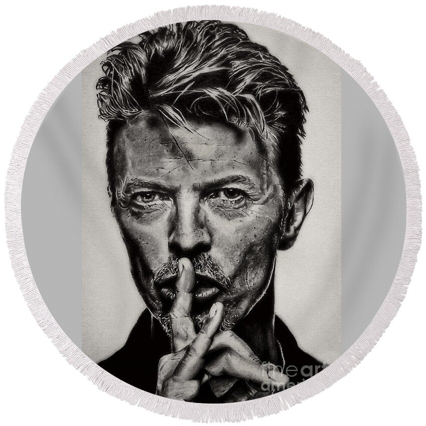 David Bowie Round Beach Towel featuring the drawing David Bowie - Pencil Abstract by Doc Braham