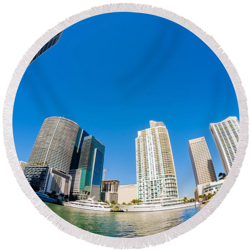 Architecture Round Beach Towel featuring the photograph Downtown Miami Fisheye by Raul Rodriguez