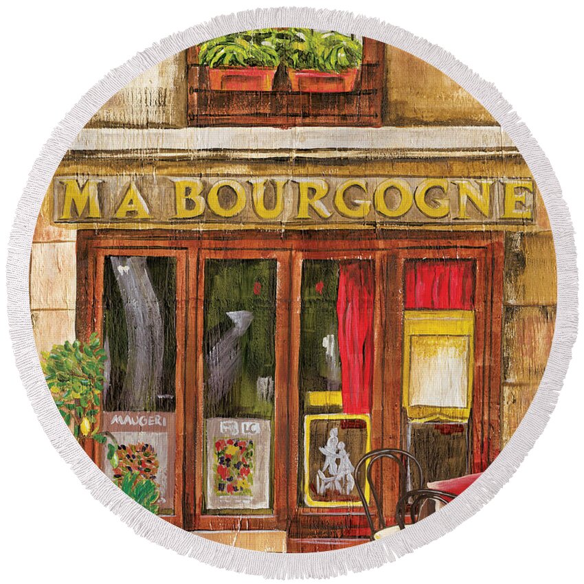 Restaurant Round Beach Towel featuring the painting French Storefront 1 by Debbie DeWitt
