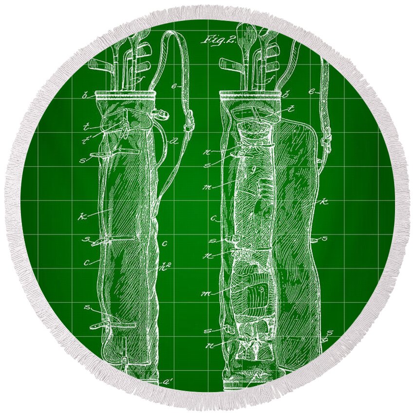 Patent Round Beach Towel featuring the digital art Golf Bag Patent 1905 - Green by Stephen Younts