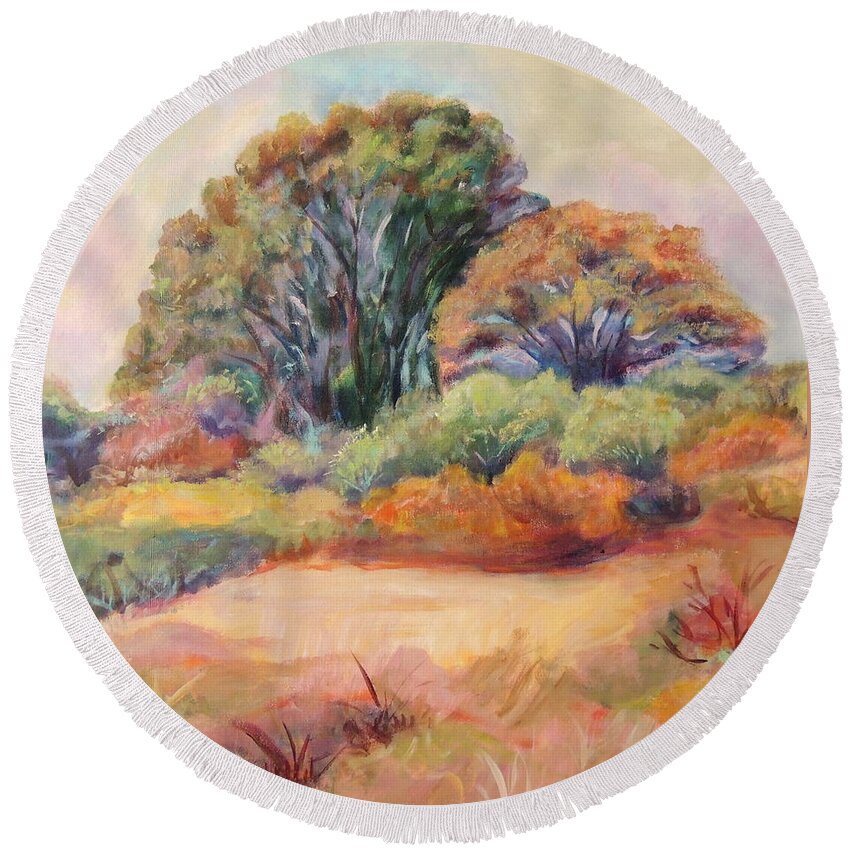 Fall Landscape Round Beach Towel featuring the painting Henry's backyard by Patricia Piffath