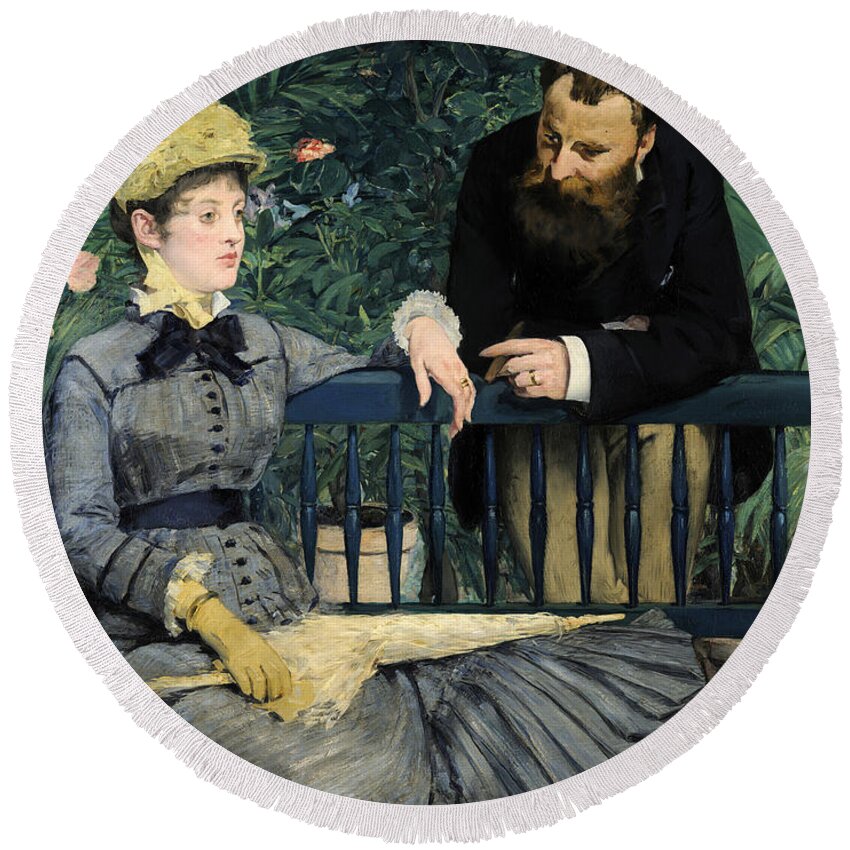 Edouard Manet Round Beach Towel featuring the painting In the Conservatory #9 by Edouard Manet