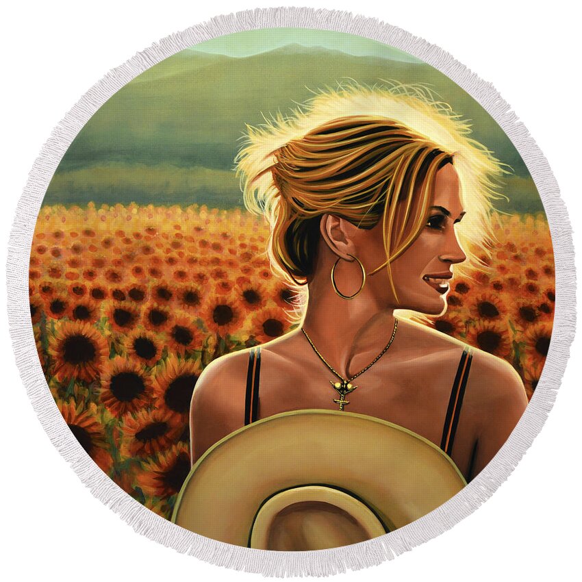 Julia Roberts Round Beach Towel featuring the painting Julia Roberts by Paul Meijering