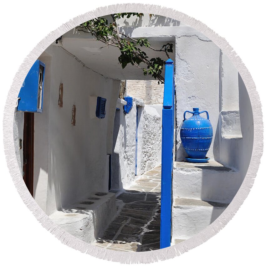 Sifnos; Kastro; Castro; Village; Town; Alley Round Beach Towel featuring the photograph Kastro village in Sifnos island #2 by George Atsametakis