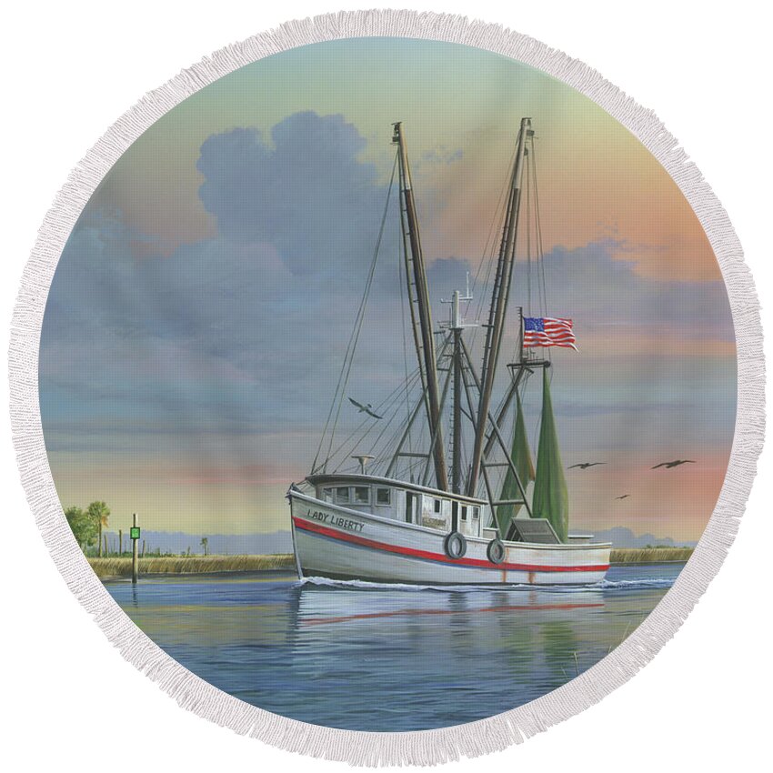 Shrimp Boat Round Beach Towel featuring the painting Lady Liberty by Mike Brown