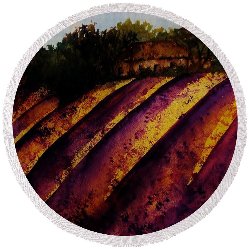 Lavender Round Beach Towel featuring the painting Lavender Fields by Lil Taylor
