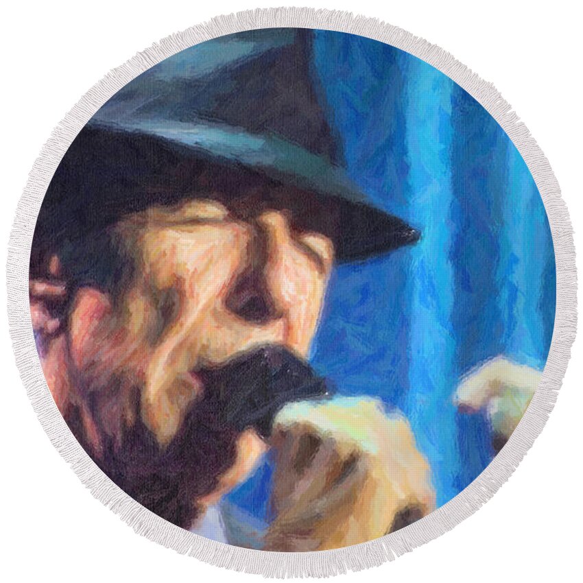 Leonard Cohen Round Beach Towel featuring the digital art Leonard Cohen in concert 2013 #2 by Liz Leyden