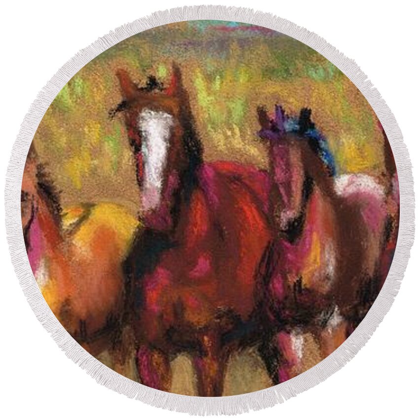 Horses Round Beach Towel featuring the painting Mares and Foals by Frances Marino