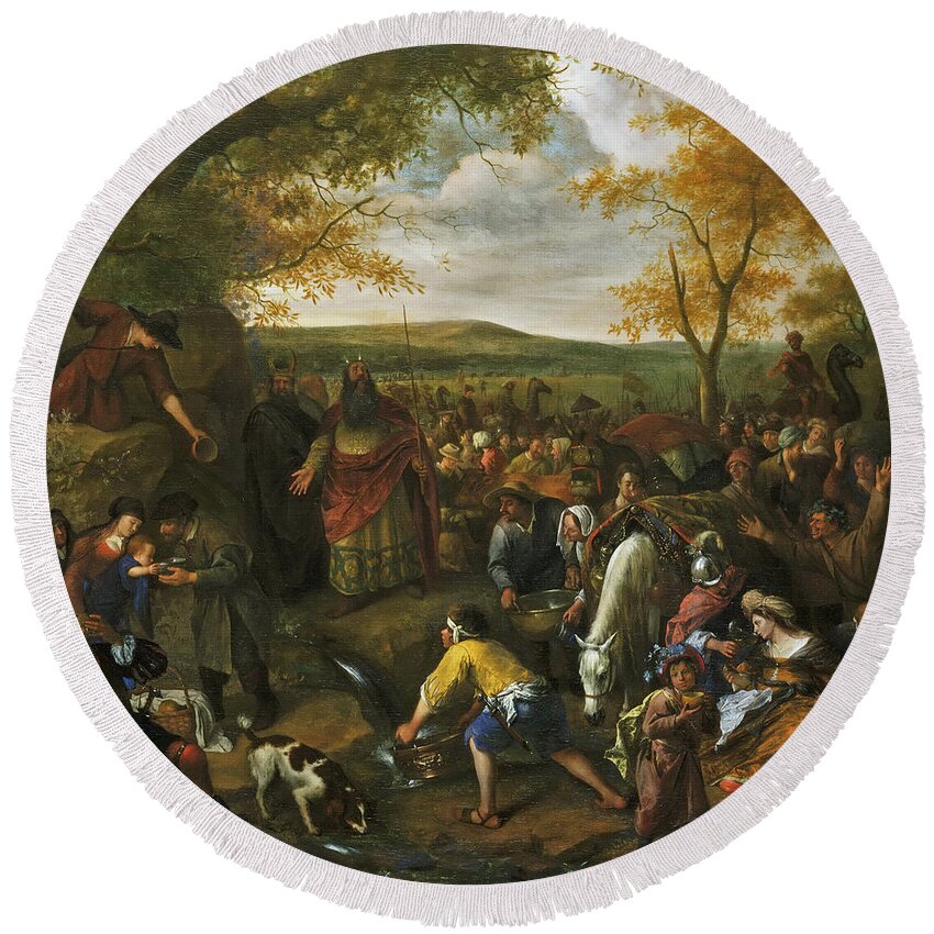 Jan Steen Round Beach Towel featuring the painting Moses Striking the Rock #2 by Jan Steen