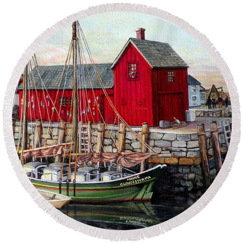 Rockport Round Beach Towel featuring the painting Motif # 1, Rockport, MA by Eileen Patten Oliver
