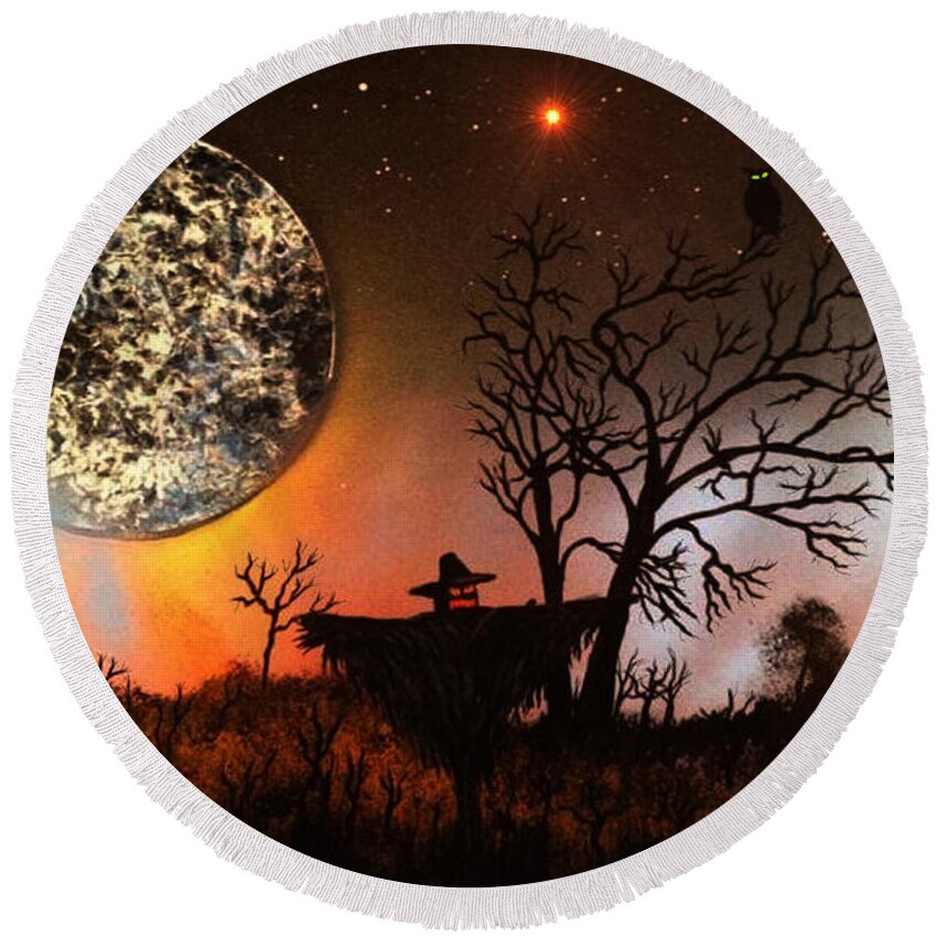 Scarecrow Round Beach Towel featuring the painting Night of the Scarecrow by Michael Rucker
