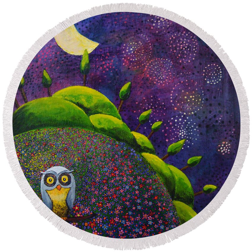 Night Owl Round Beach Towel featuring the painting Night Owl by Mindy Huntress