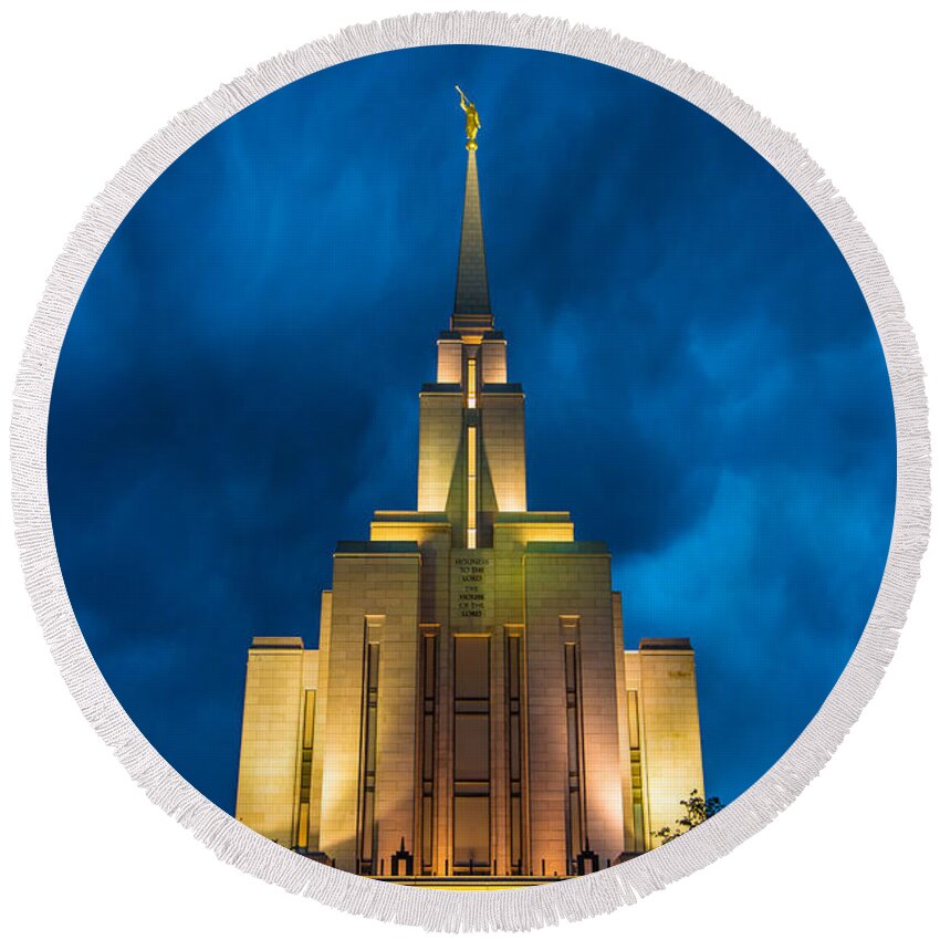 Oquirrh Mountain Round Beach Towel featuring the photograph Oquirrh Mountain LDS Temple Evening Thunderstorm #2 by Gary Whitton