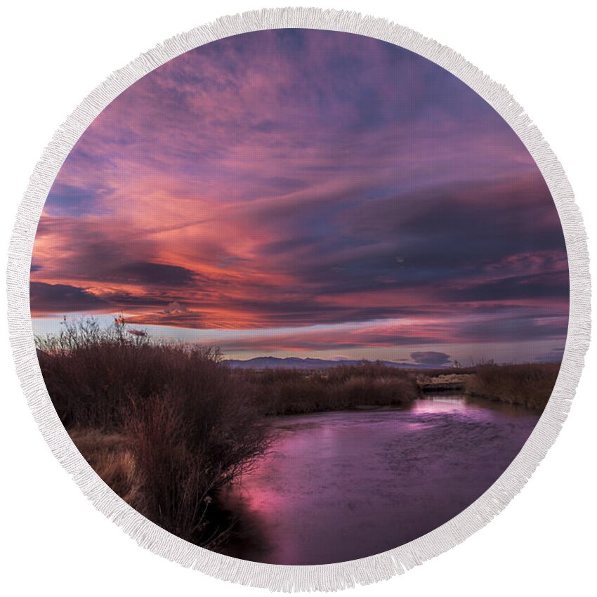 River Round Beach Towel featuring the photograph Owens River Sunset #2 by Cat Connor
