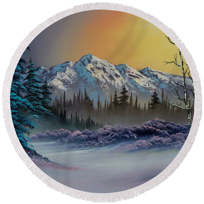 Landscape Round Beach Towel featuring the painting Frosty Enchantment by Chris Steele
