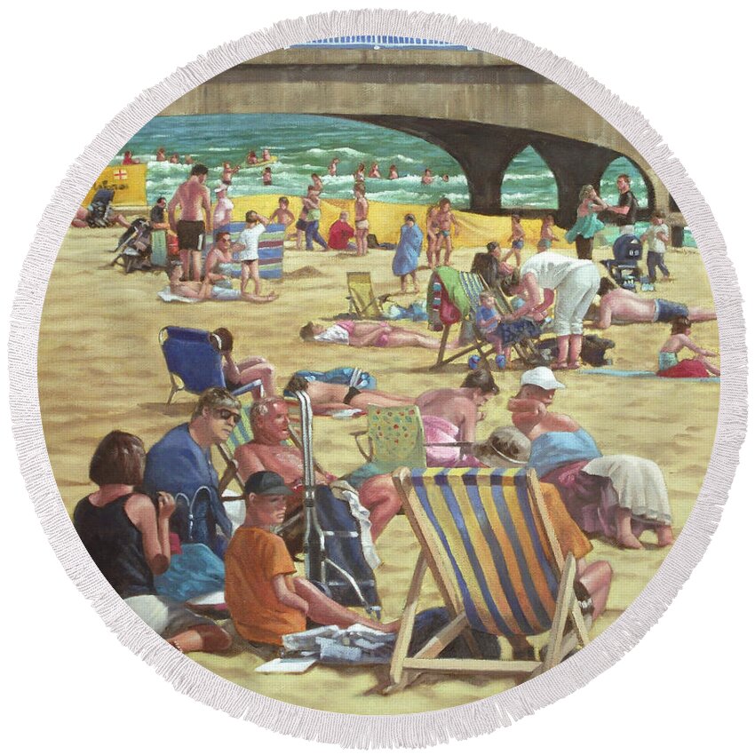 Bournemouth Round Beach Towel featuring the painting people on Bournemouth beach by Martin Davey