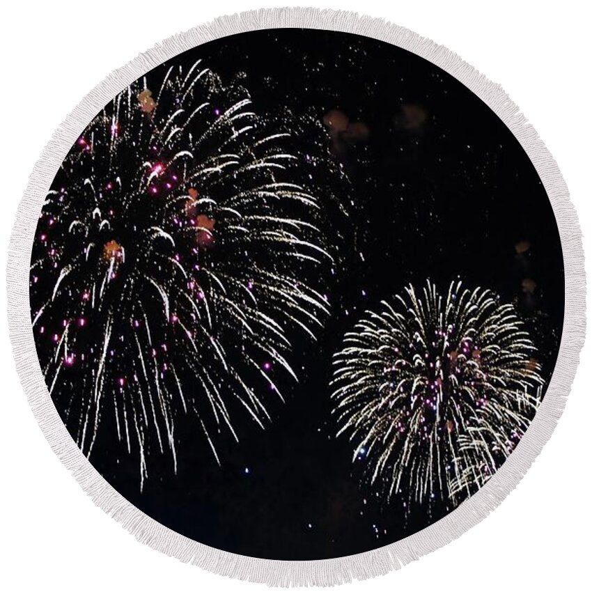 Pink Round Beach Towel featuring the photograph Pink Fireworks #2 by Lilliana Mendez