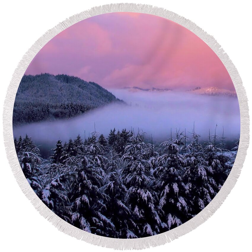 Oregon Round Beach Towel featuring the photograph Pink Sunrise With Foggy River by KATIE Vigil