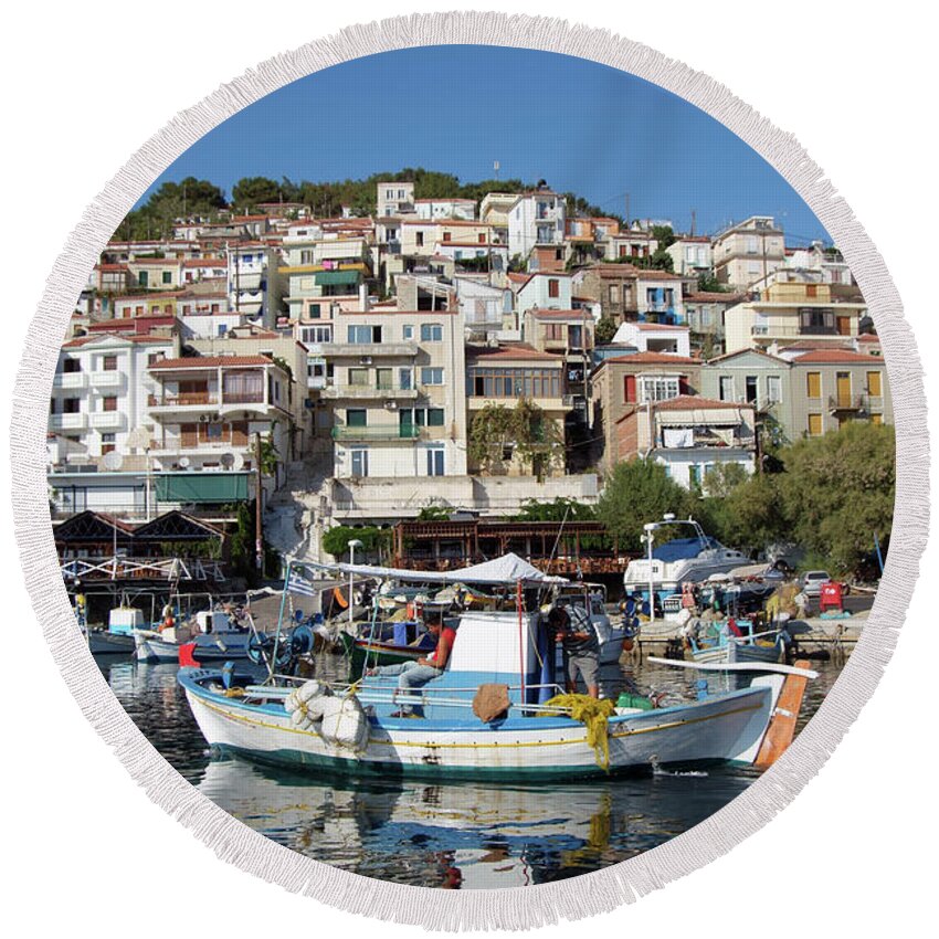 Lesvos; Lesbos; Plomari; City; Town; Port; Harbor; Afternoon Light; House; Houses; Color; Colorful; Colour; Colourful; Islands; Sea; Greece; Greek; Island; Hellas; Aegean; Summer; Holidays; Vacation; Tourism; Touristic; Travel; Trip; Voyage; Journey; Paint; Painting; Paintings Round Beach Towel featuring the painting Plomari town #1 by George Atsametakis