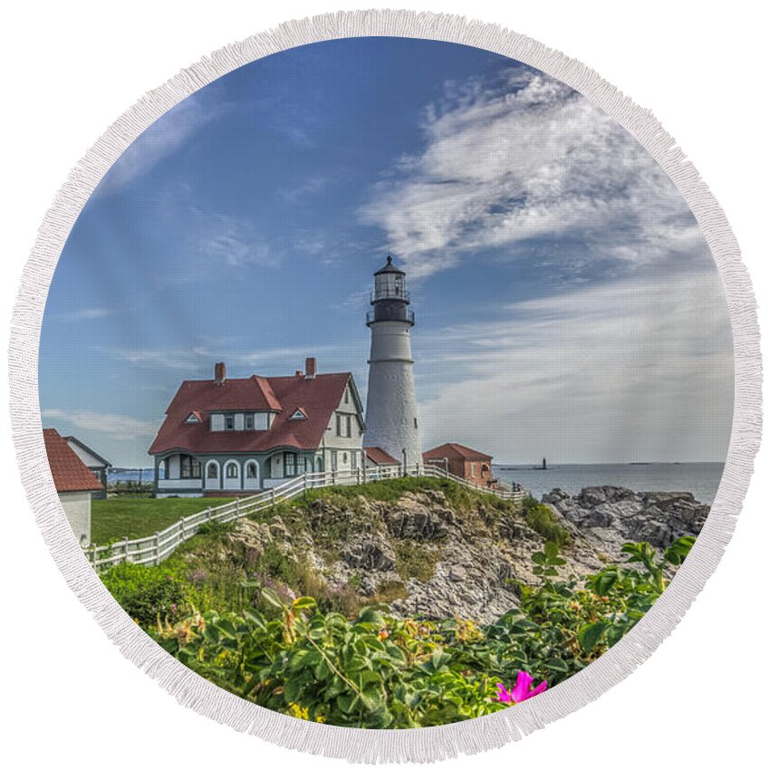 Maine Round Beach Towel featuring the photograph Portland Headlight #2 by Jane Luxton
